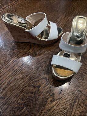 Marc Fisher White Patent Wedge Slide Sandals with Gold Footbed